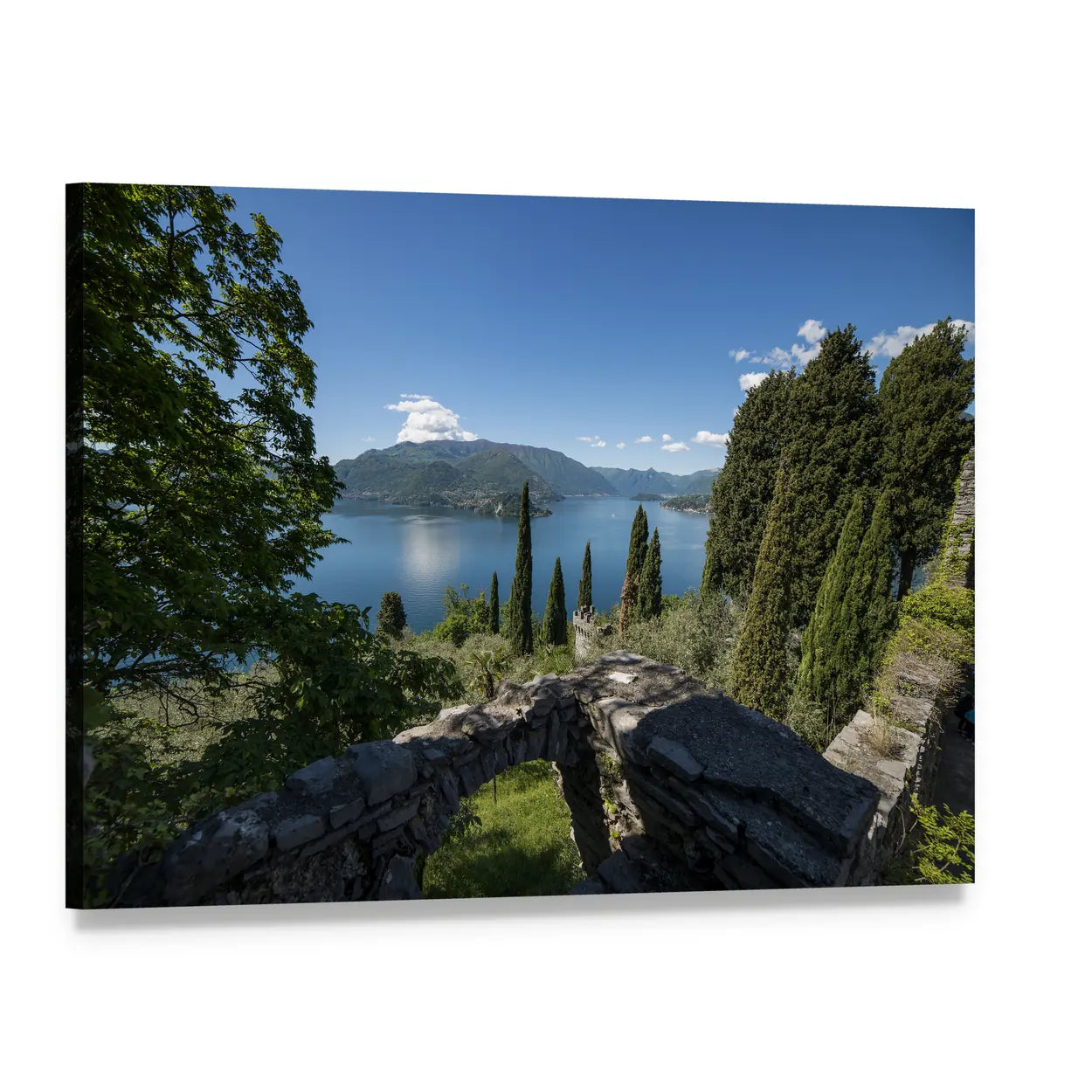 Lake Como Stone Arch and Cypress Trees Canvas Wall Art, single panel gallery wrapped canvas, angled product view