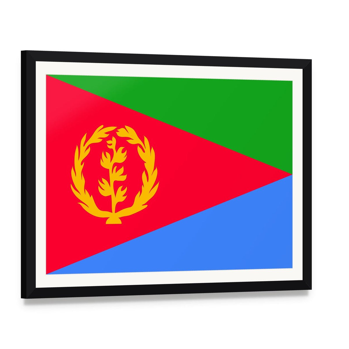 Eritrea Flag with Olive Branch Wreath Canvas Wall Art, framed print with white mat and black frame, angled product view