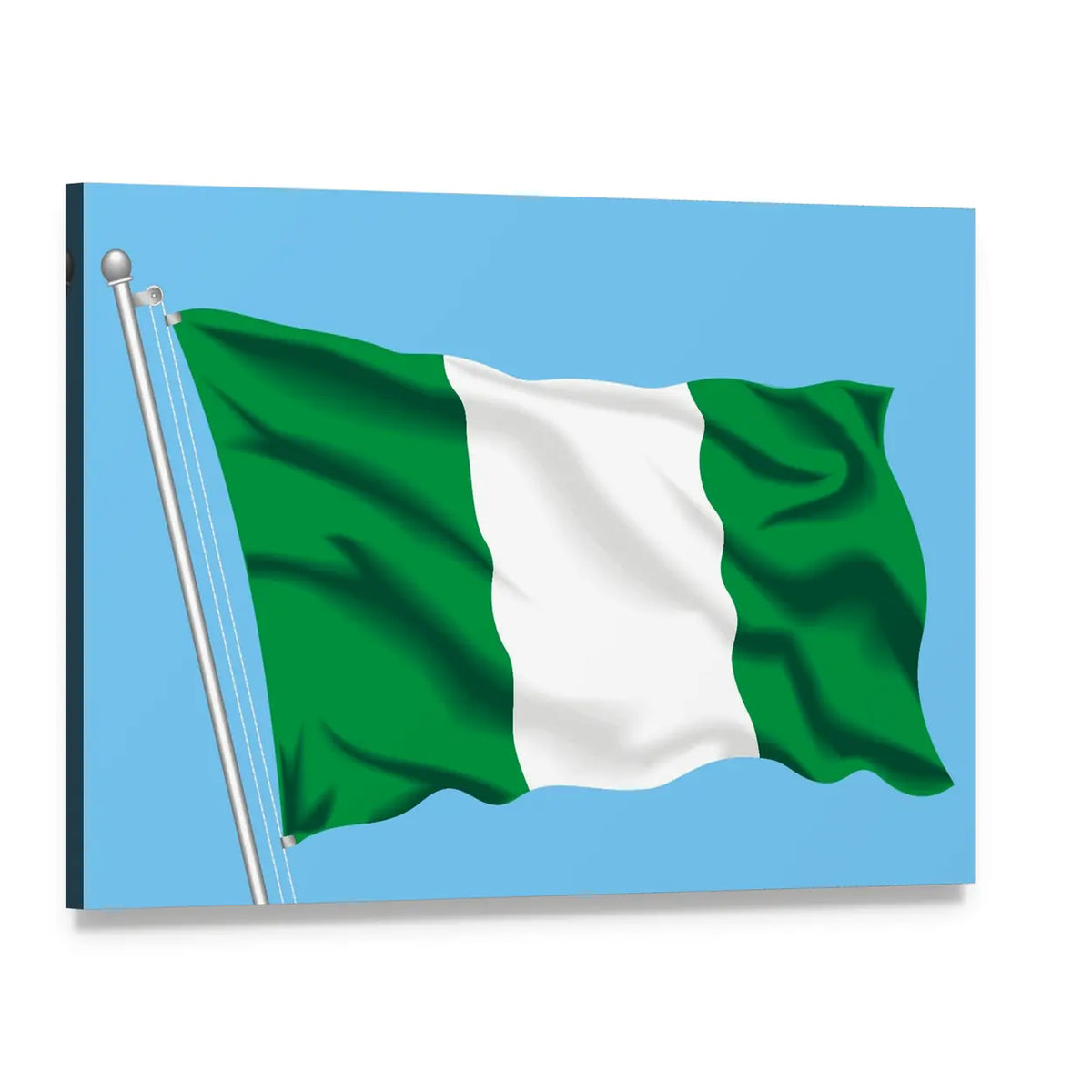 Waving Nigerian Flag on Silver Pole Canvas Wall Art, single panel gallery wrapped canvas, angled product view