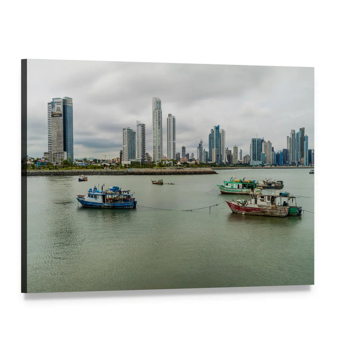 Port Skyline with Ships Canvas Wall Art, single panel gallery wrapped canvas, angled product view