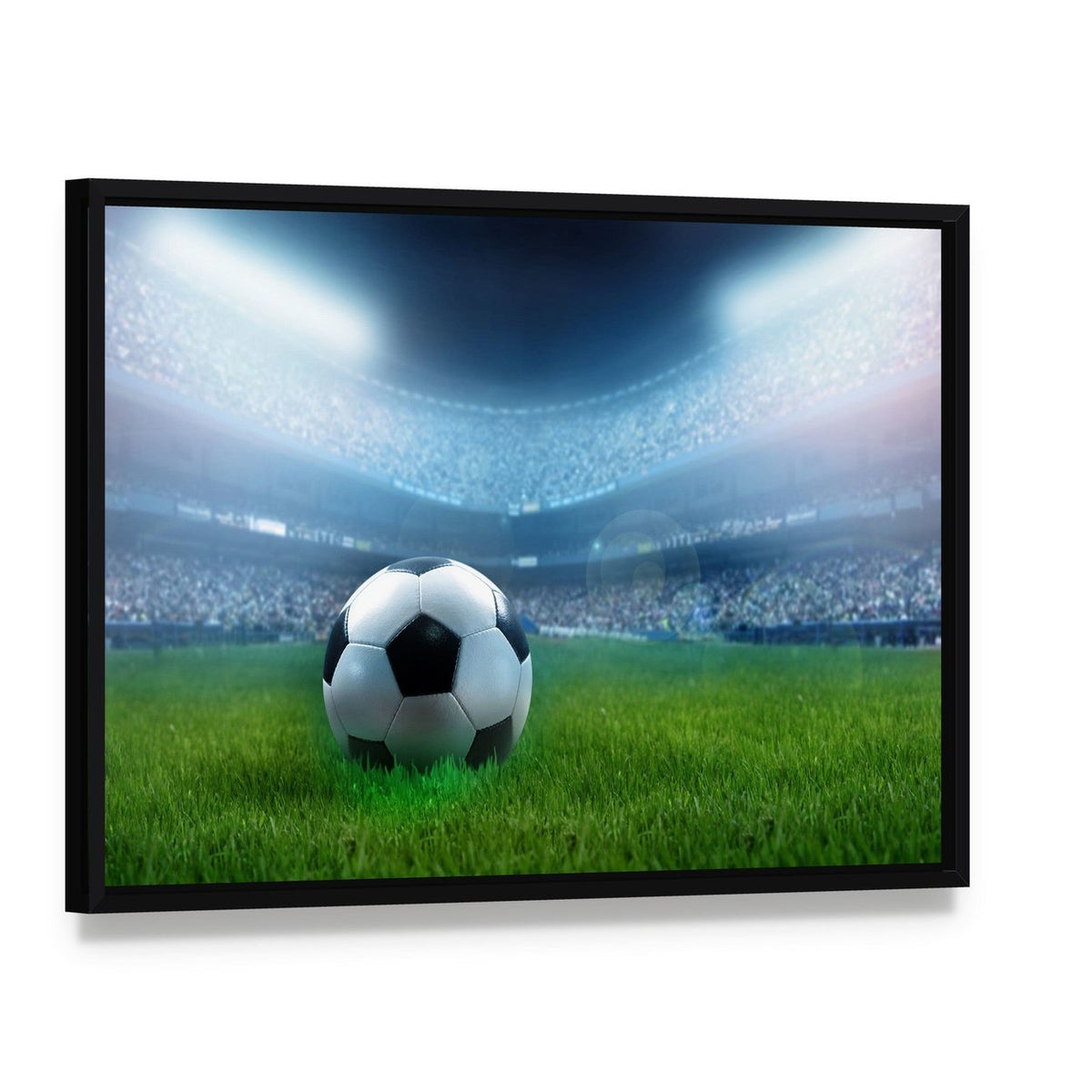 Close Up of Football Canvas Wall Art, framed canvas in a black floater frame, angled product view