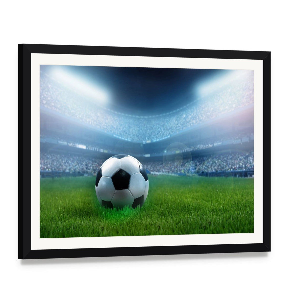 Close Up of Football Canvas Wall Art, framed print with white mat and black frame, angled product view