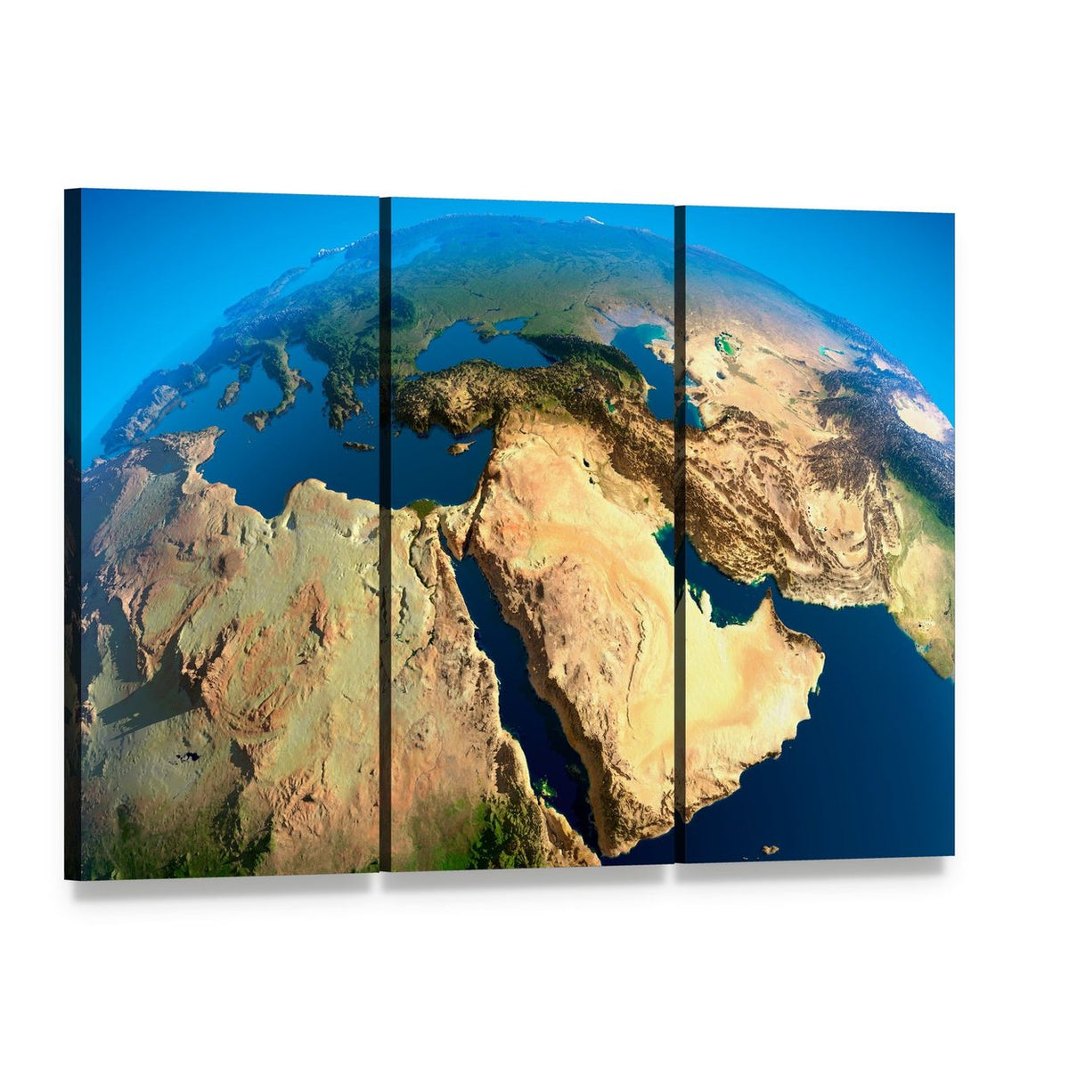 Middle East Satellite View Canvas Wall Art, 3 panel 3 Horizontal layout gallery wrapped canvas set, angled product view