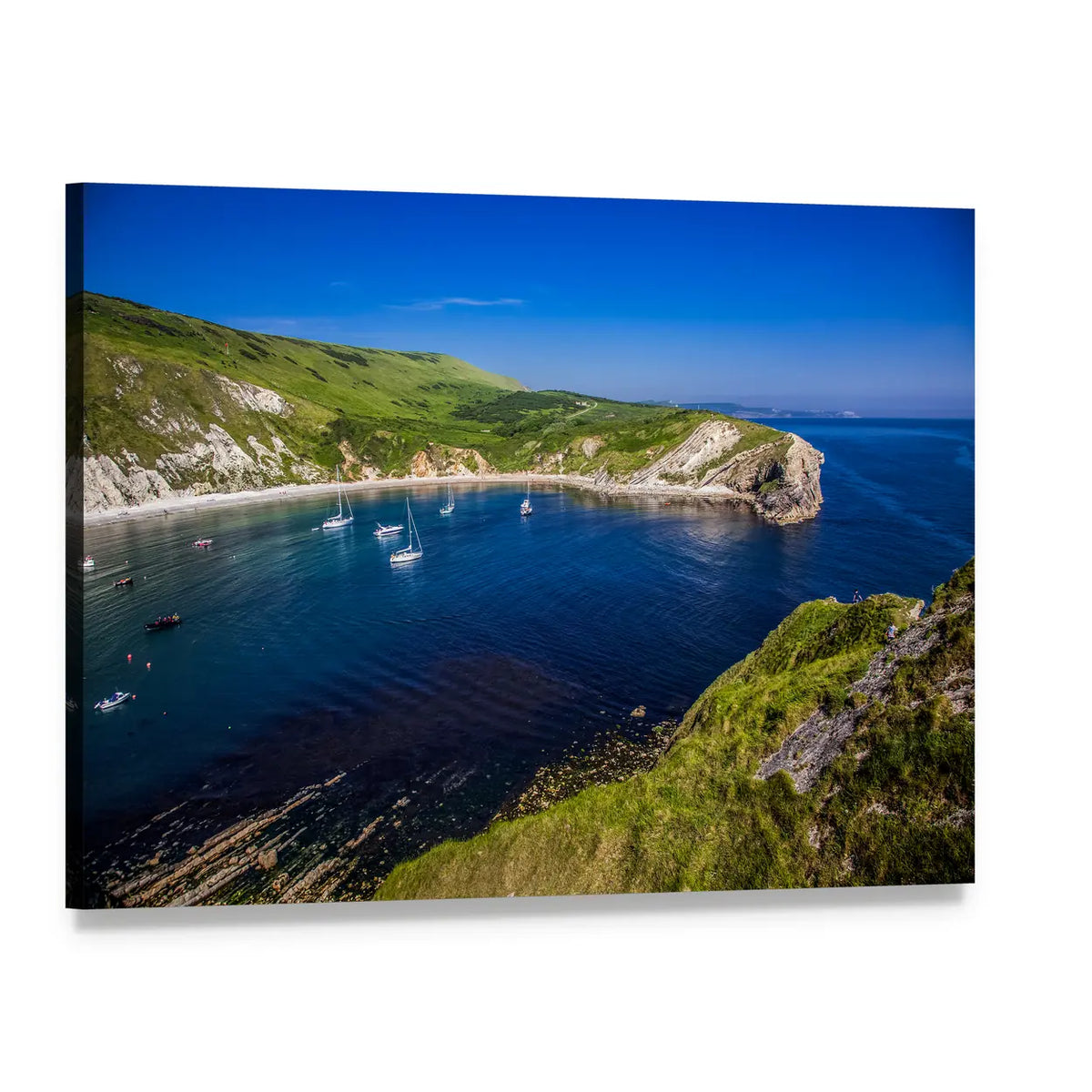 British Seaside Bay with Sailboats Canvas Wall Art, single panel gallery wrapped canvas, angled product view