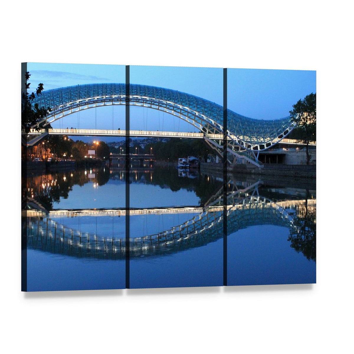 Modern Bridge in Tbilisi Canvas Wall Art, 3 panel 3 Horizontal layout gallery wrapped canvas set, angled product view