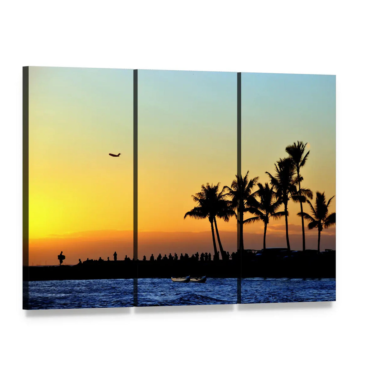 Sunset Beach with Palm Silhouettes Canvas Wall Art, 3 panel 3 Horizontal layout gallery wrapped canvas set, angled product view