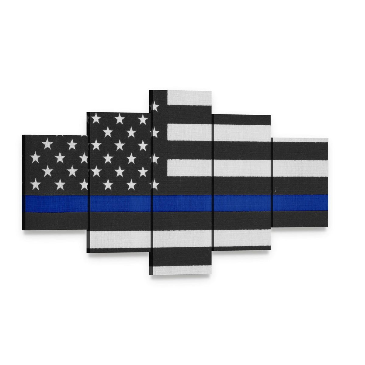 Thin Blue Line American Police Flag Canvas Wall Art, 5 panel 5 Star layout gallery wrapped canvas set, angled product view