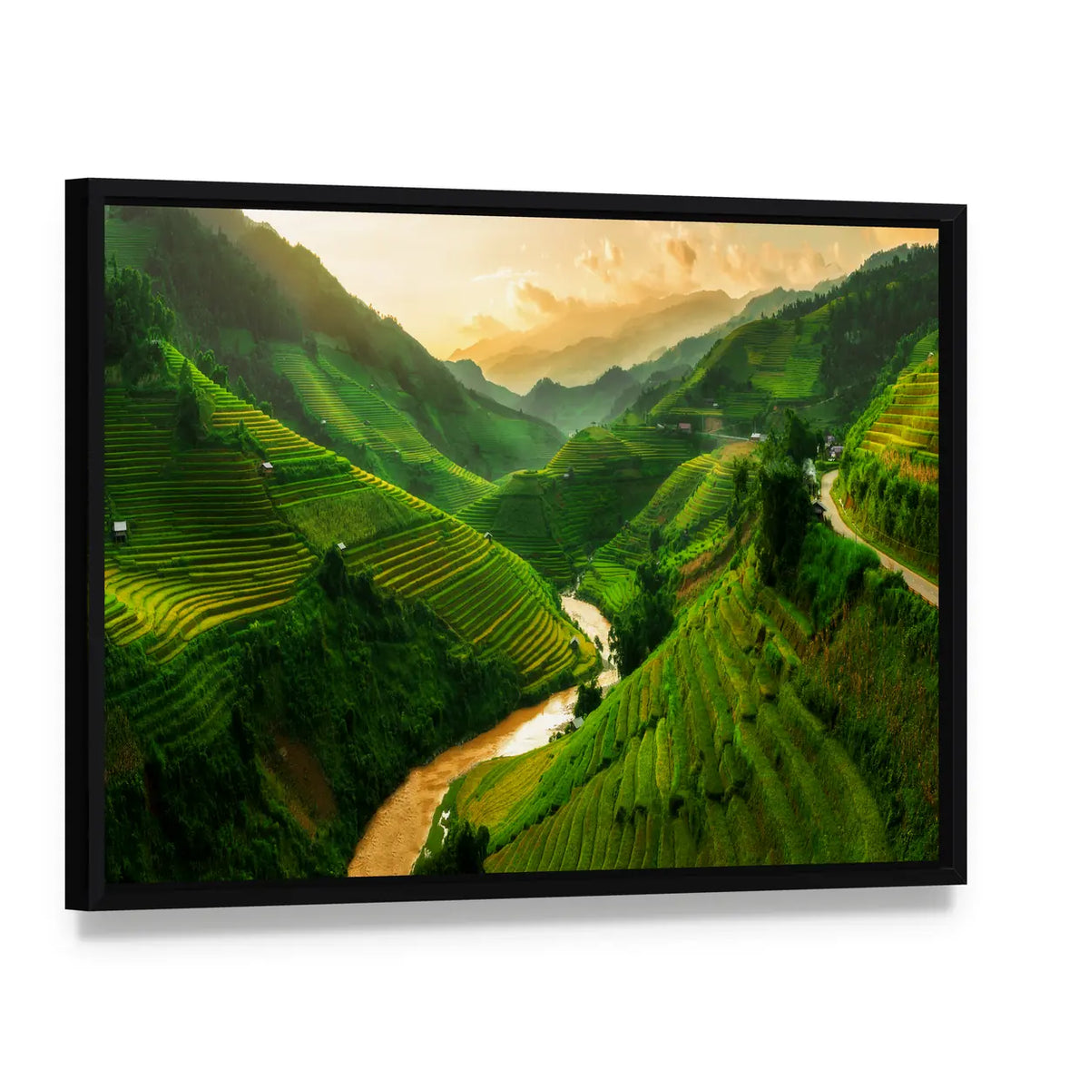 Terraced Rice Field In Mu Cang Chai In Vietnam Canvas Wall Art, framed canvas in a black floater frame, angled product view