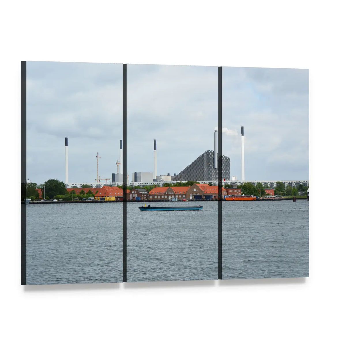 Copenhagen Incinerator on the Waterfront Canvas Wall Art, 3 panel 3 Horizontal layout gallery wrapped canvas set, angled product view