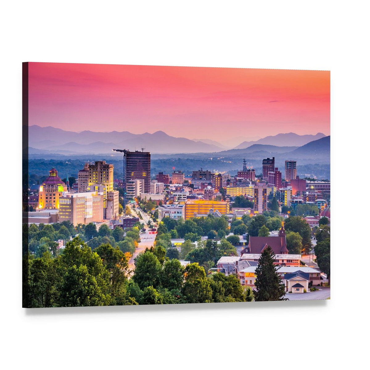 Asheville Skyline at Dusk Canvas Wall Art, single panel gallery wrapped canvas, angled product view