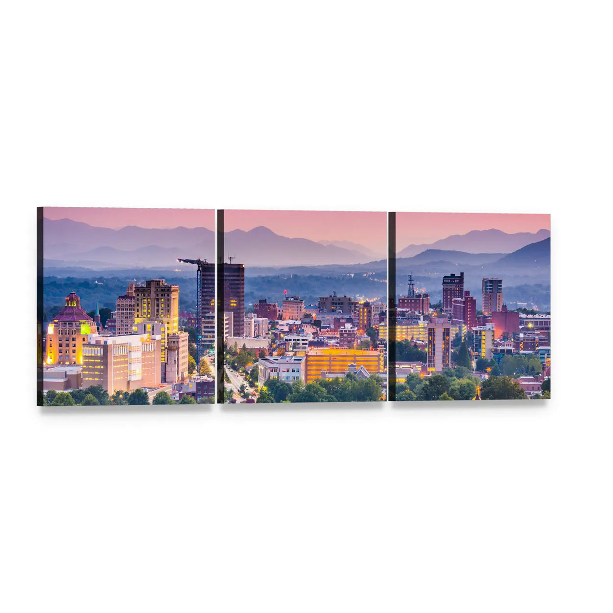 Asheville Skyline at Dusk Panoramic Canvas Wall Art, 3 panel 3 Piece layout gallery wrapped canvas set, angled product view