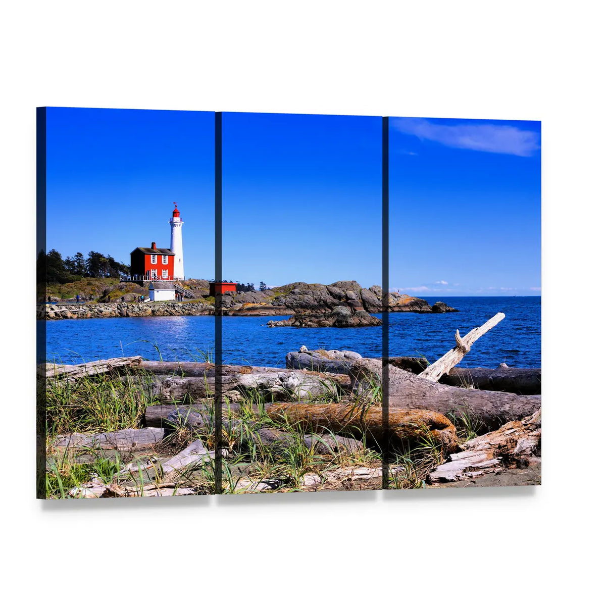 Fisgard Lighthouse on Rocky Shore Canvas Wall Art, 3 panel 3 Horizontal layout gallery wrapped canvas set, angled product view