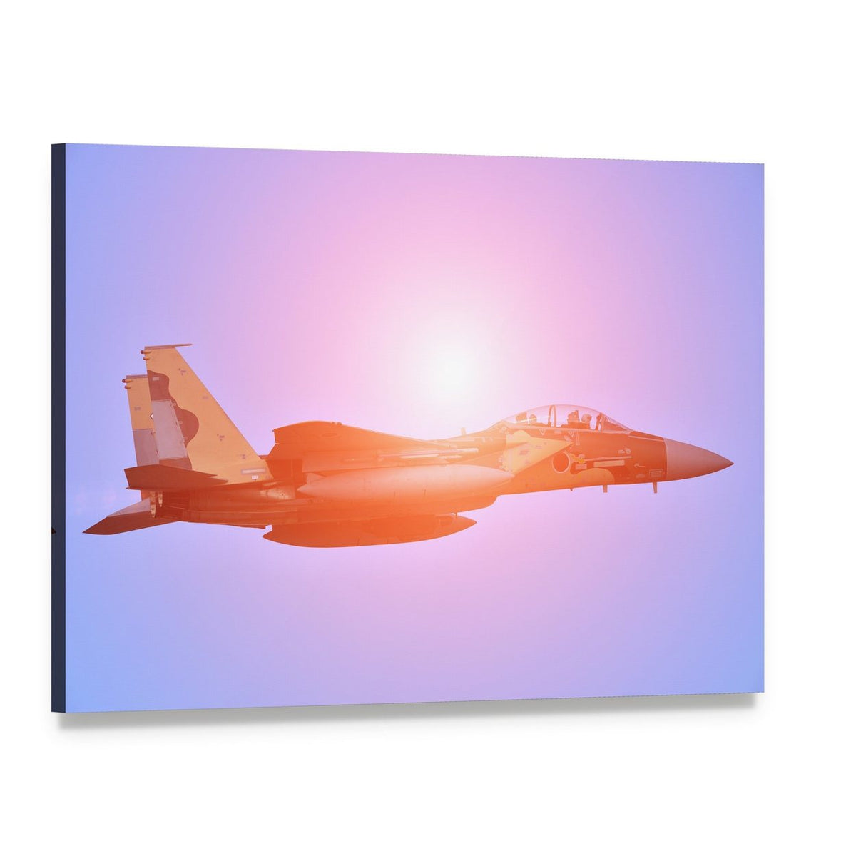 Military Fighter Jet at Sunset Canvas Wall Art, single panel gallery wrapped canvas, angled product view