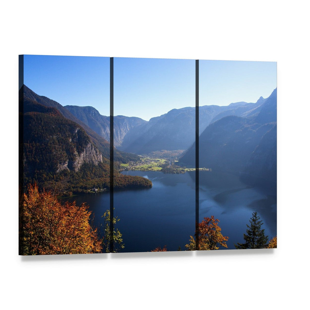 Serene Mountain Lake in Austria Canvas Wall Art, 3 panel 3 Horizontal layout gallery wrapped canvas set, angled product view