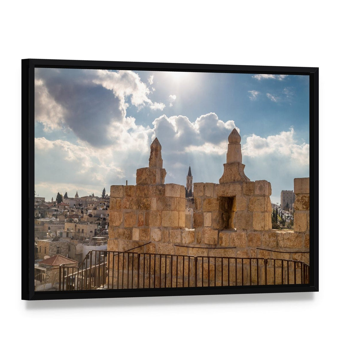 Damascus Gate Jerusalem Canvas Wall Art, framed canvas in a black floater frame, angled product view