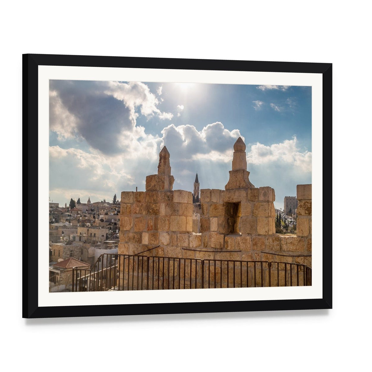 Damascus Gate Jerusalem Canvas Wall Art, framed print with white mat and black frame, angled product view