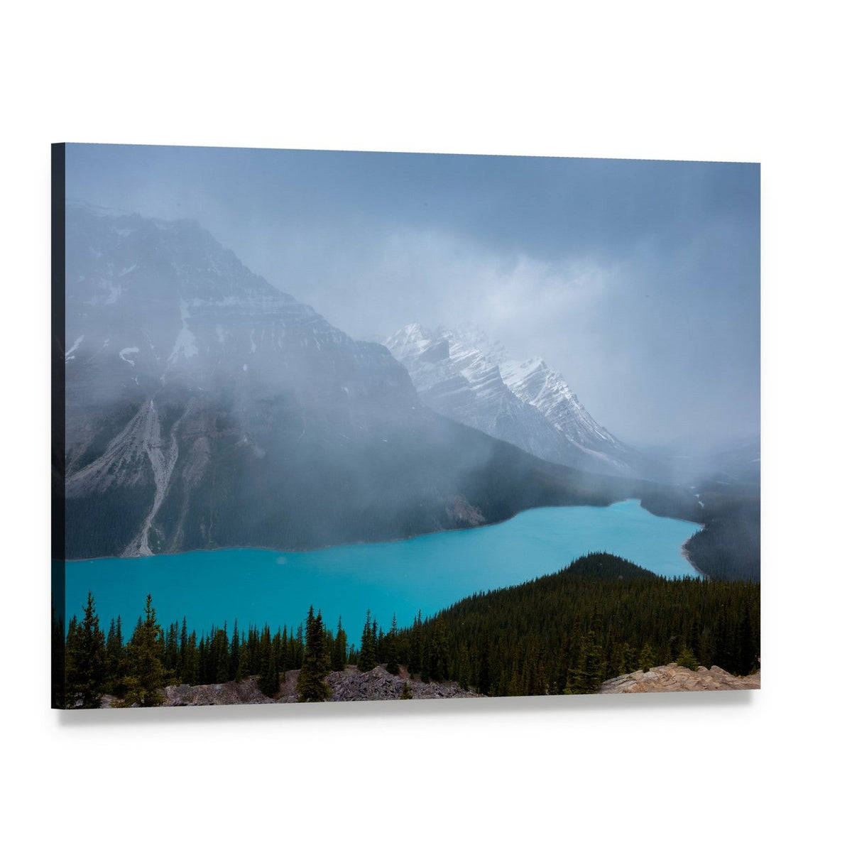 Turquoise Peyto Lake and Misty Mountains Canvas Wall Art, single panel gallery wrapped canvas, angled product view