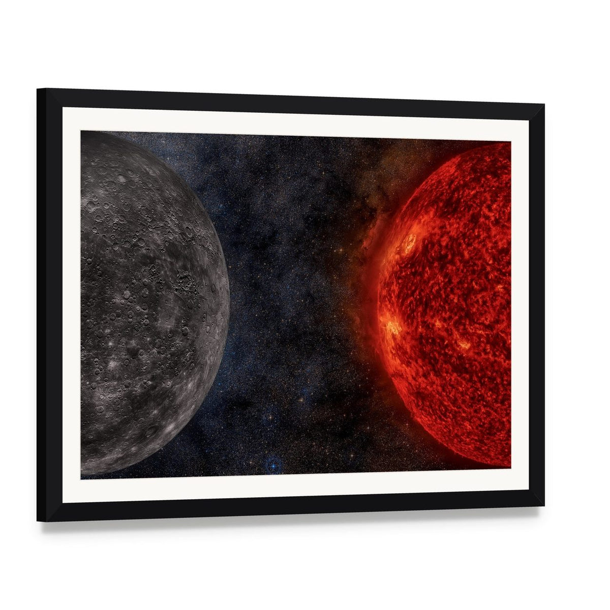 Solar System Mercury Canvas Wall Art, framed print with white mat and black frame, angled product view