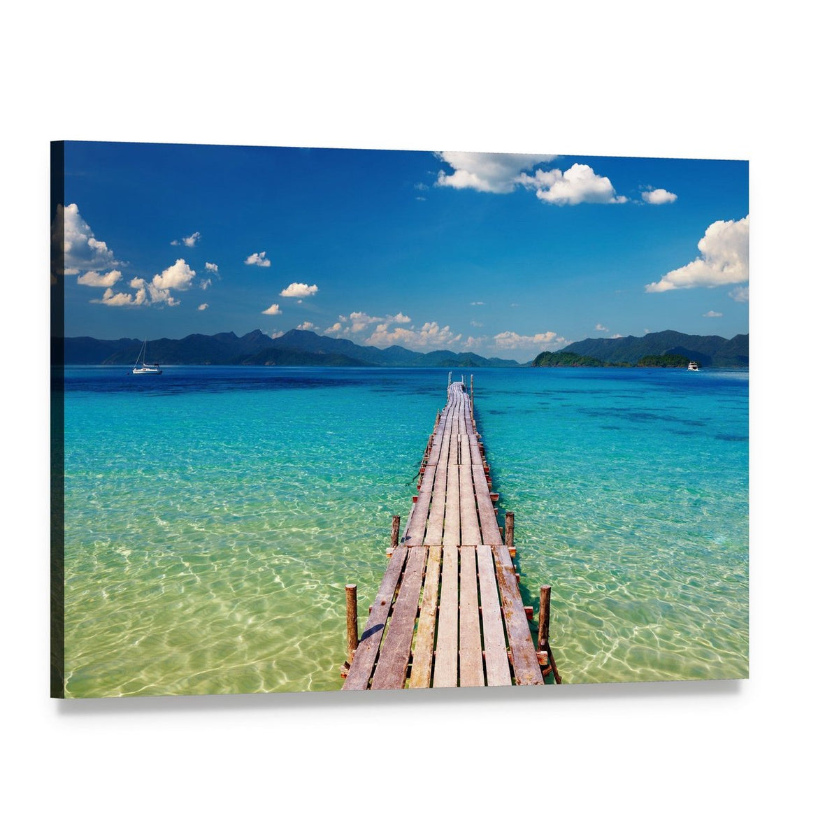 Wooden Pier Over Clear Turquoise Water Canvas Wall Art, single panel gallery wrapped canvas, angled product view