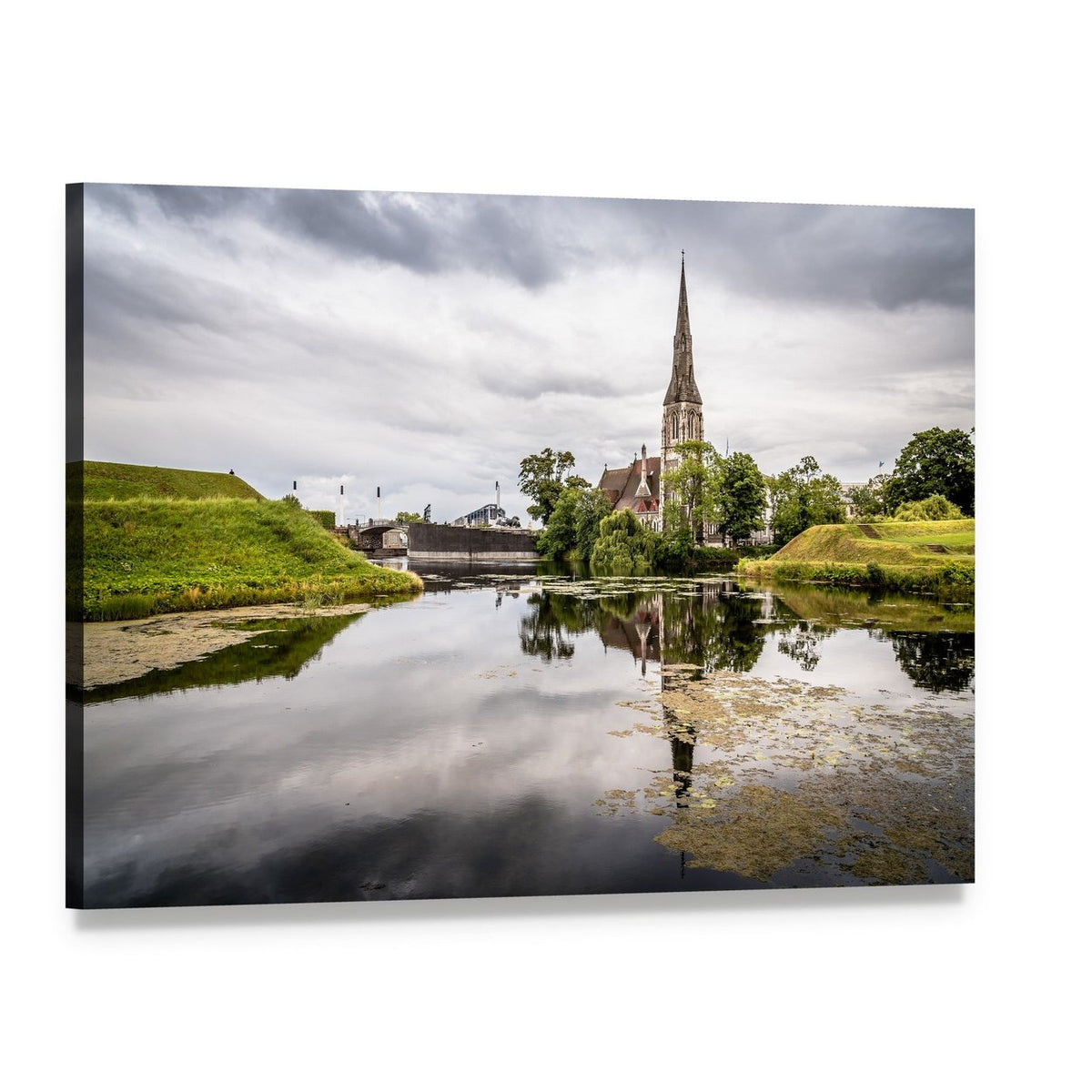 Gothic Church Reflection in Churchill Park Canvas Wall Art, single panel gallery wrapped canvas, angled product view