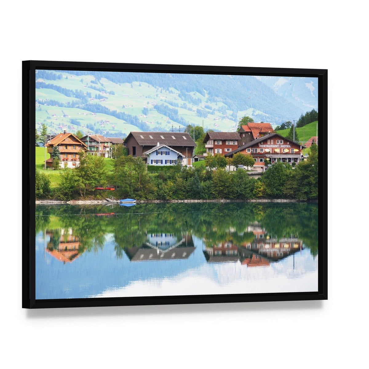 Lungerer Lake Switzerland Canvas Wall Art, framed canvas in a black floater frame, angled product view