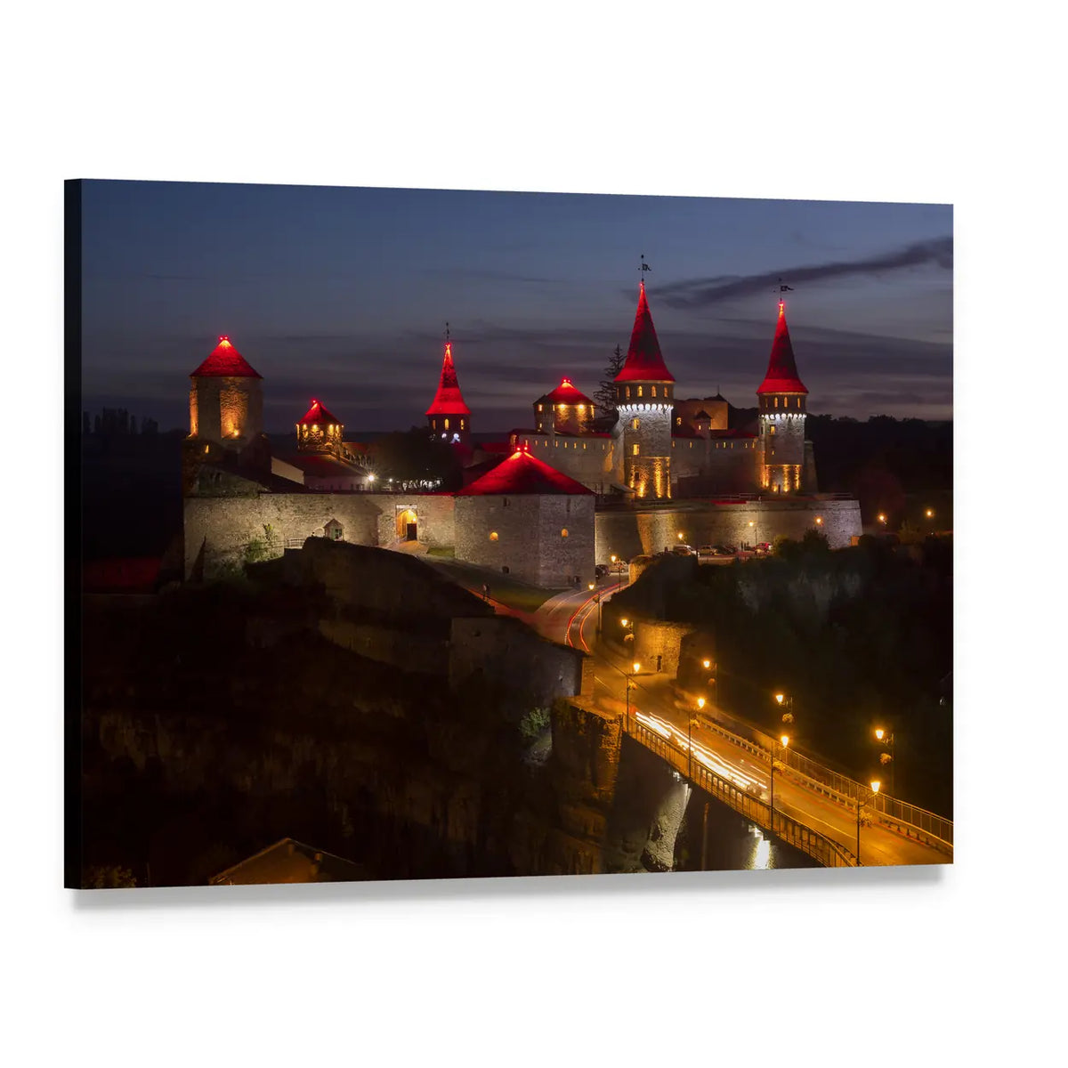Illuminated Castle with Bridge at Night Canvas Wall Art, single panel gallery wrapped canvas, angled product view