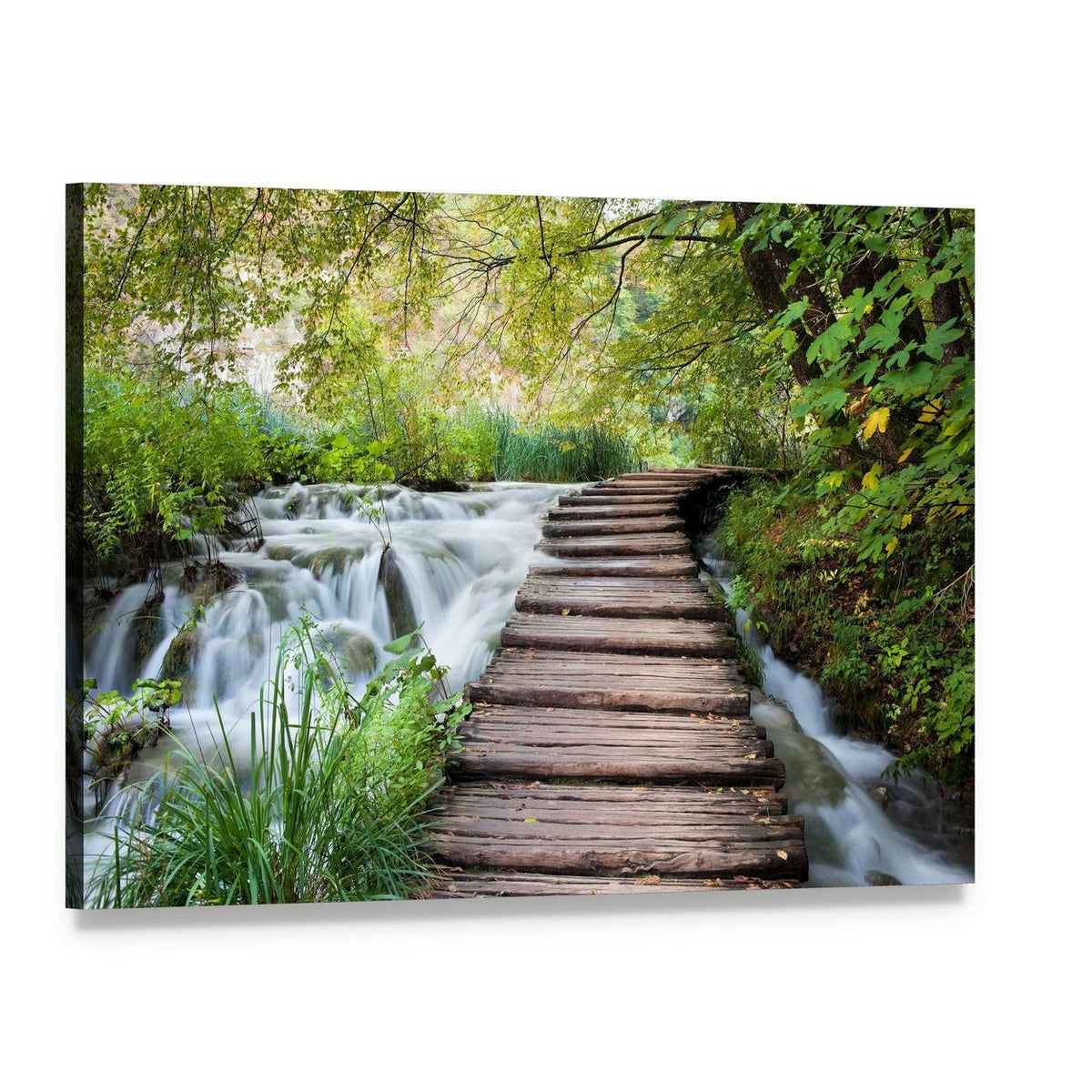 Wooden Path Along the Stream in Forest Canvas Wall Art, single panel gallery wrapped canvas, angled product view