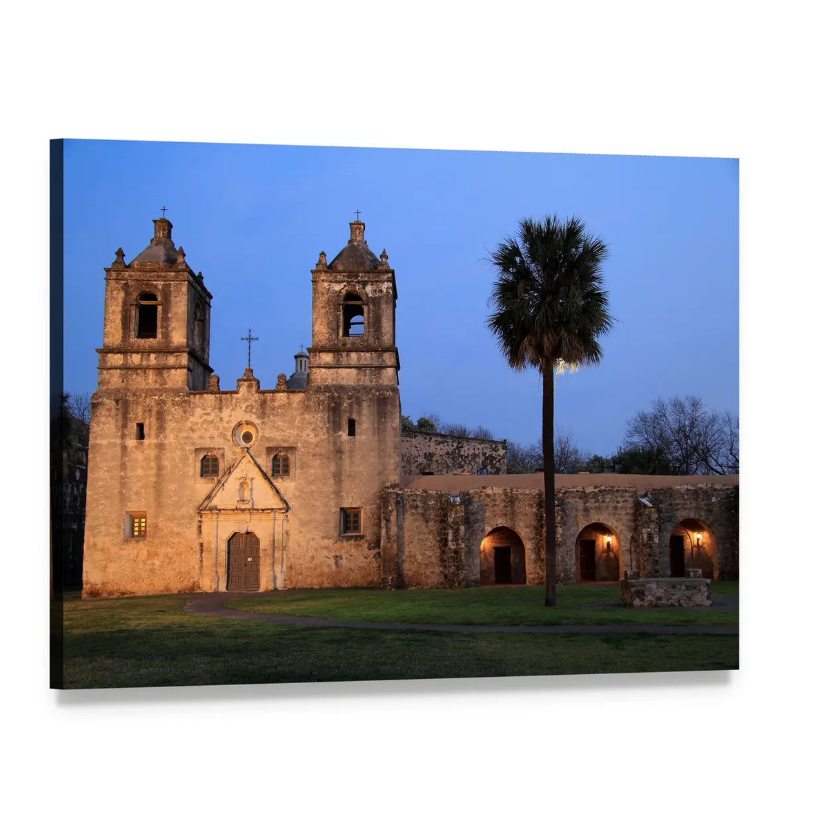 San Antonio Missions at Twilight Canvas Wall Art, single panel gallery wrapped canvas, angled product view