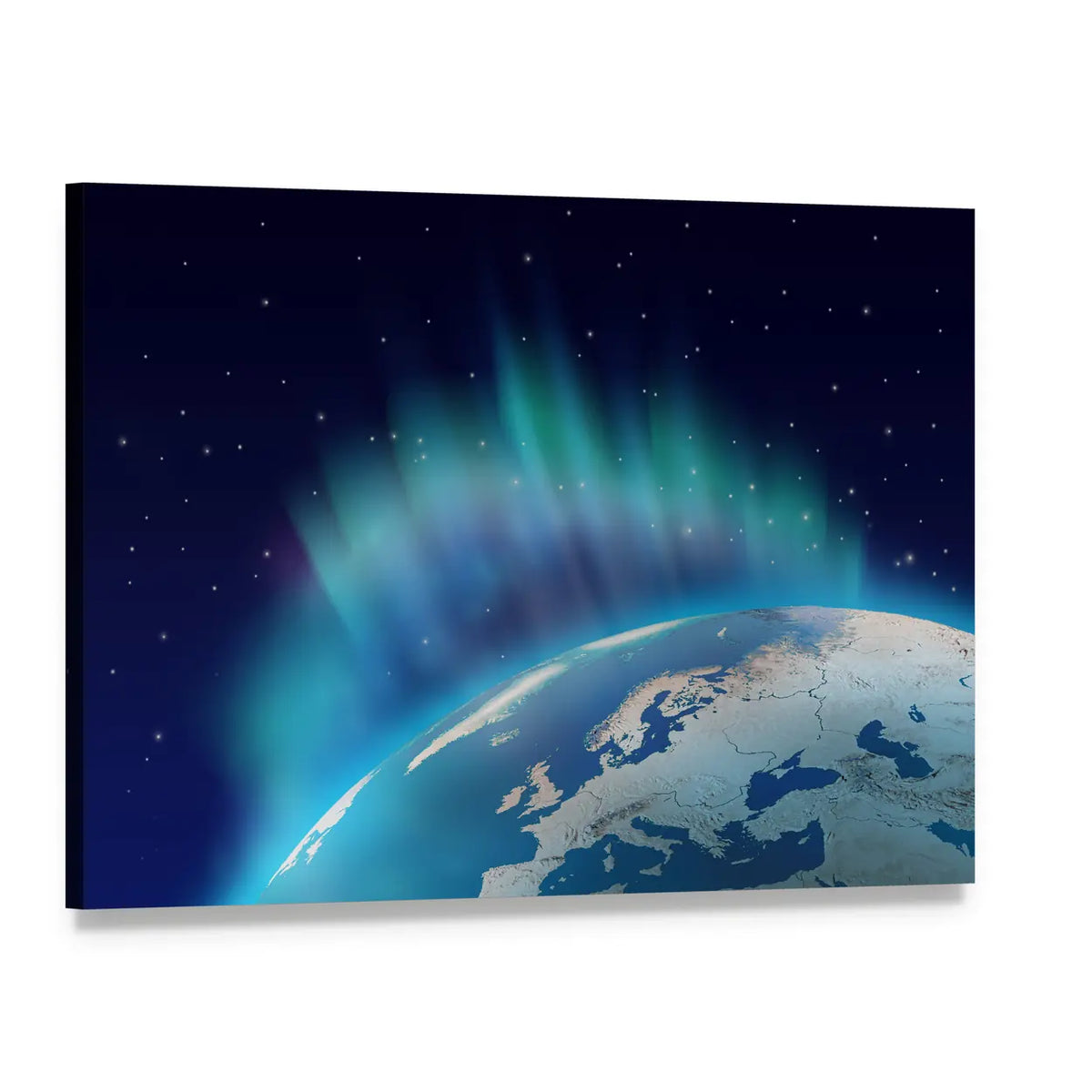 Northern Lights Over Earth Canvas Wall Art, single panel gallery wrapped canvas, angled product view