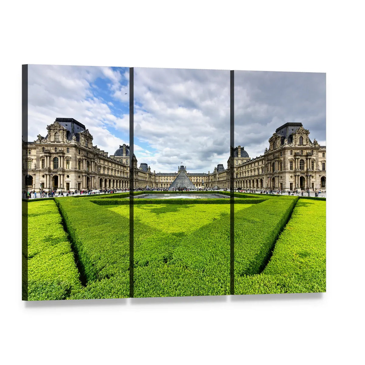 Louvre Museum and Glass Pyramid Canvas Wall Art, 3 panel 3 Horizontal layout gallery wrapped canvas set, angled product view