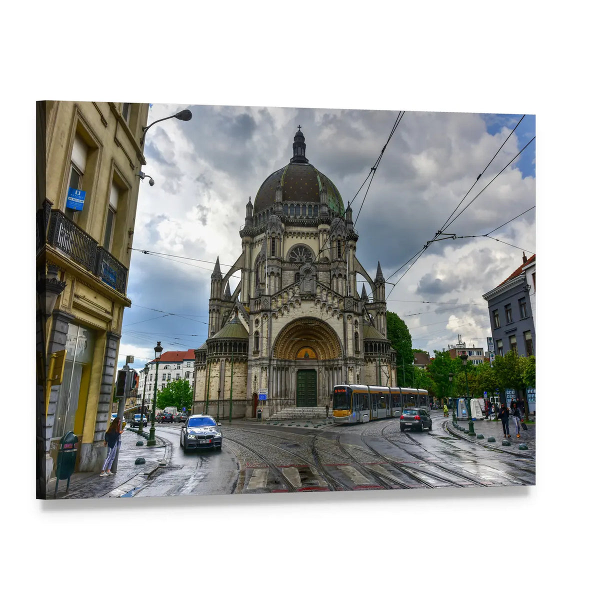 Saint Mary's Royal Church with Yellow Tram Canvas Wall Art, single panel gallery wrapped canvas, angled product view
