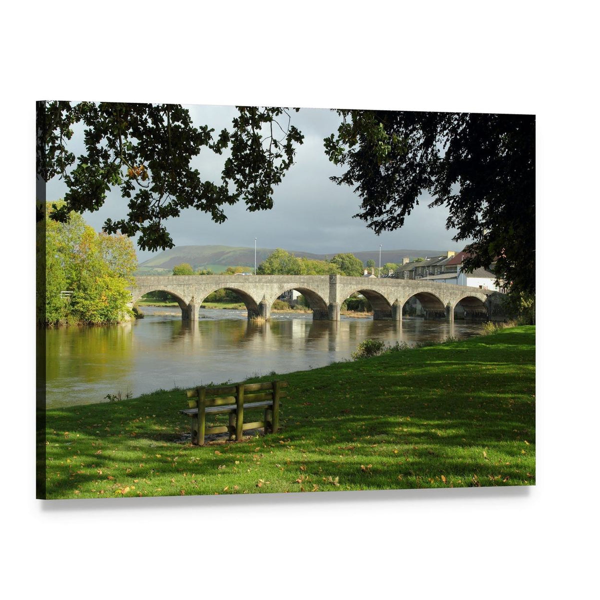Arched Stone Bridge Over River Canvas Wall Art, single panel gallery wrapped canvas, angled product view
