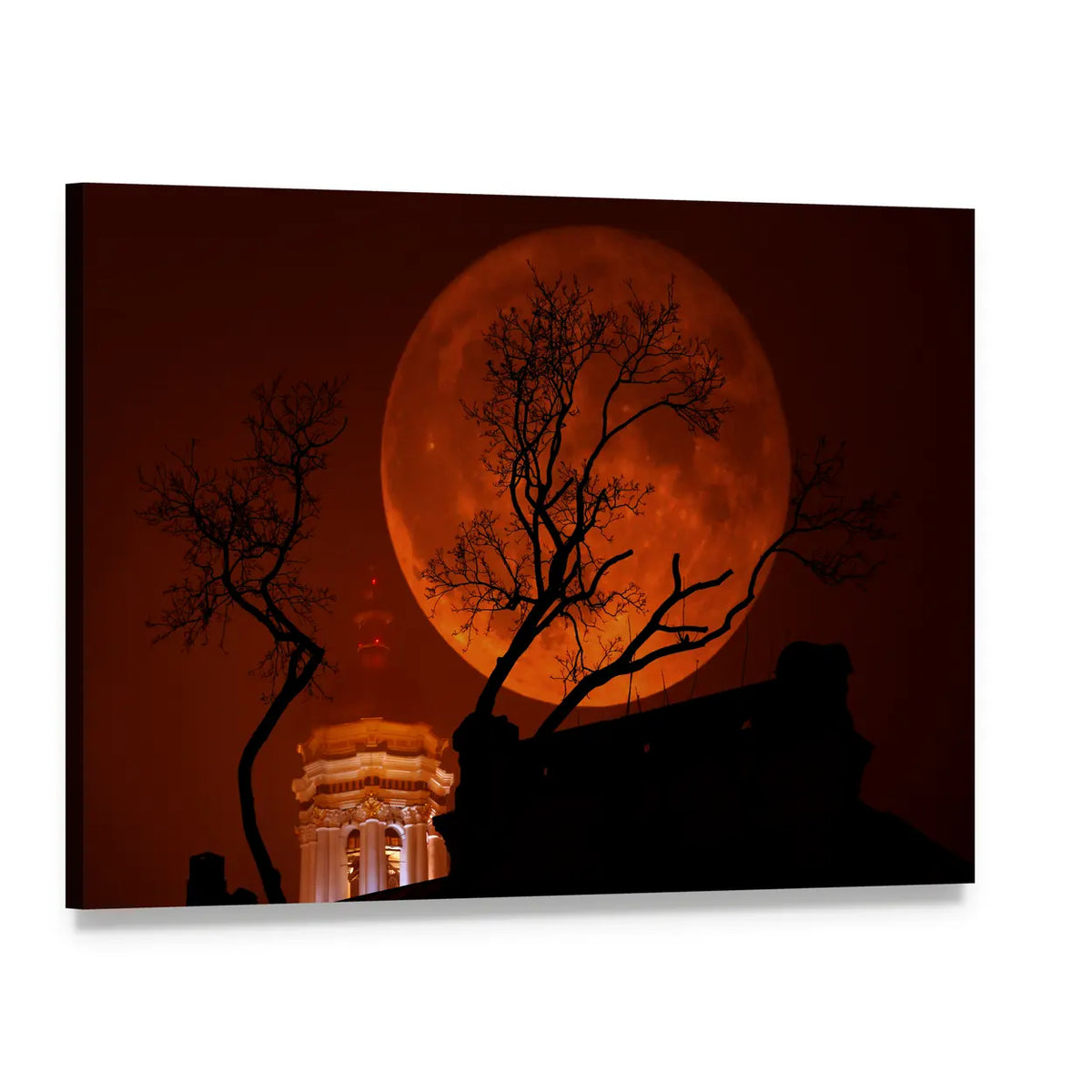 Blood Red Supermoon Over Illuminated Dome Canvas Wall Art, single panel gallery wrapped canvas, angled product view