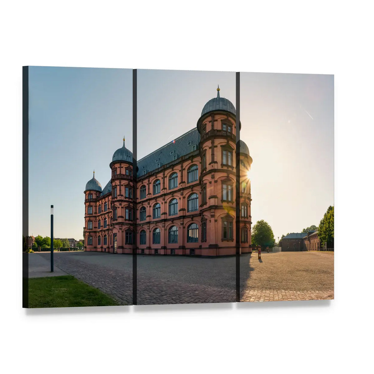Gottesaue Palace Courtyard Canvas Wall Art, 3 panel 3 Horizontal layout gallery wrapped canvas set, angled product view