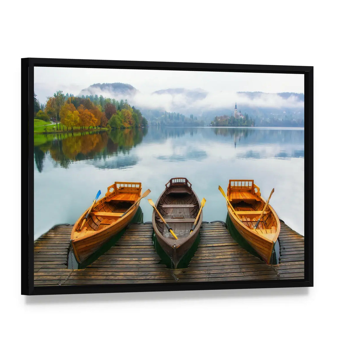 Boats on Bled Lake Canvas Wall Art, framed canvas in a black floater frame, angled product view