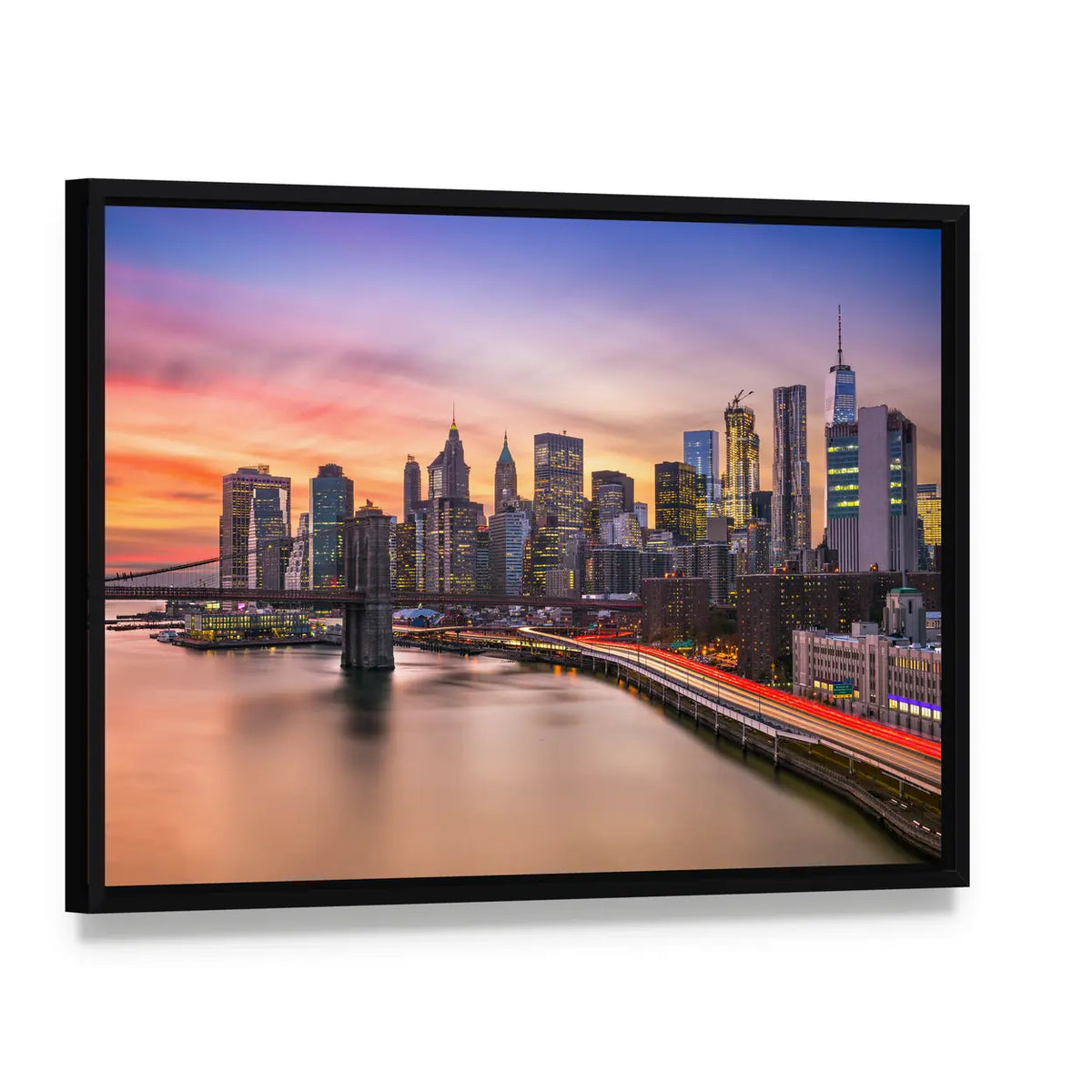 Brooklyn Bridge and Lower Manhattan Skyline Canvas Wall Art, framed canvas in a black floater frame, angled product view