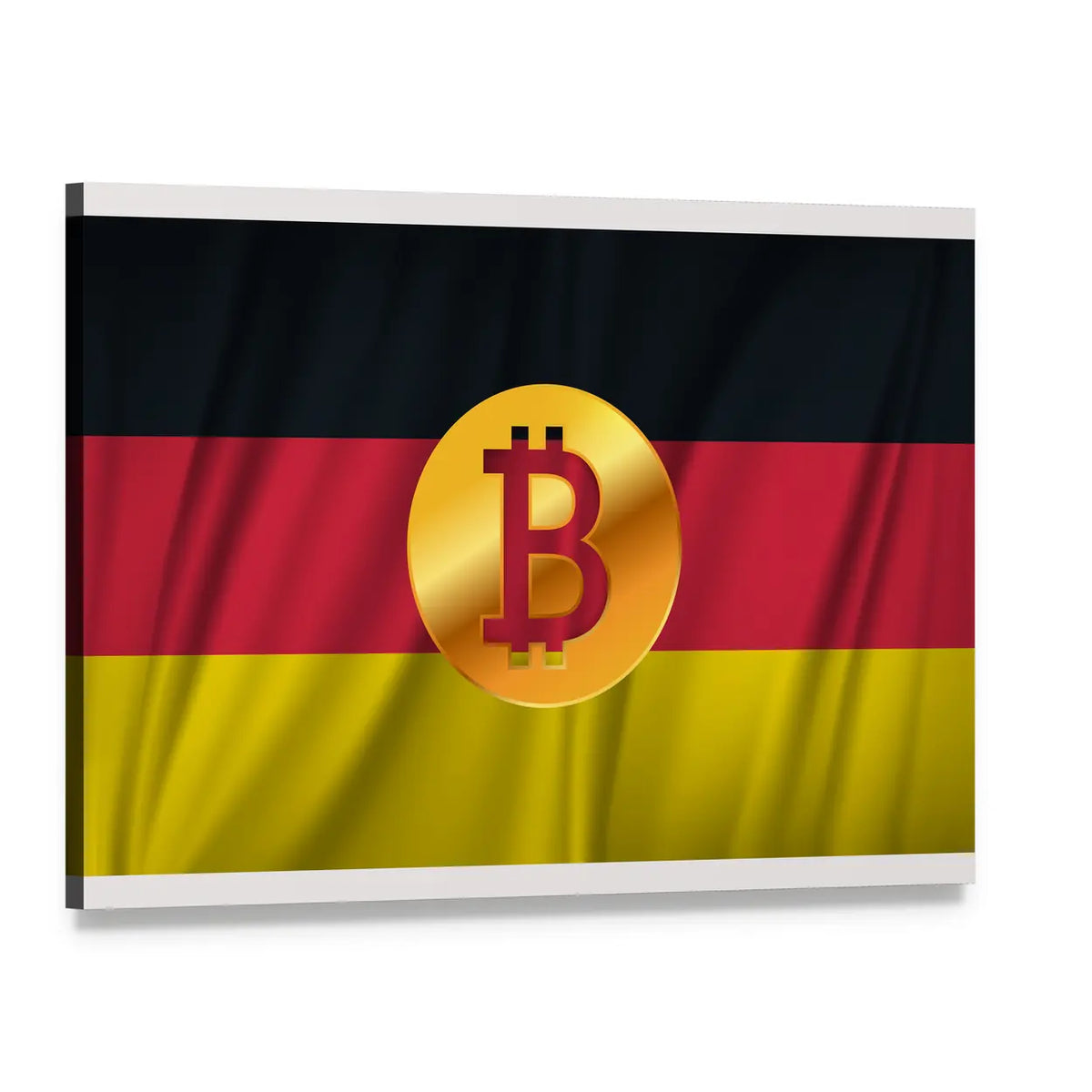 Red Bitcoin on German Flag Canvas Wall Art, single panel gallery wrapped canvas, angled product view