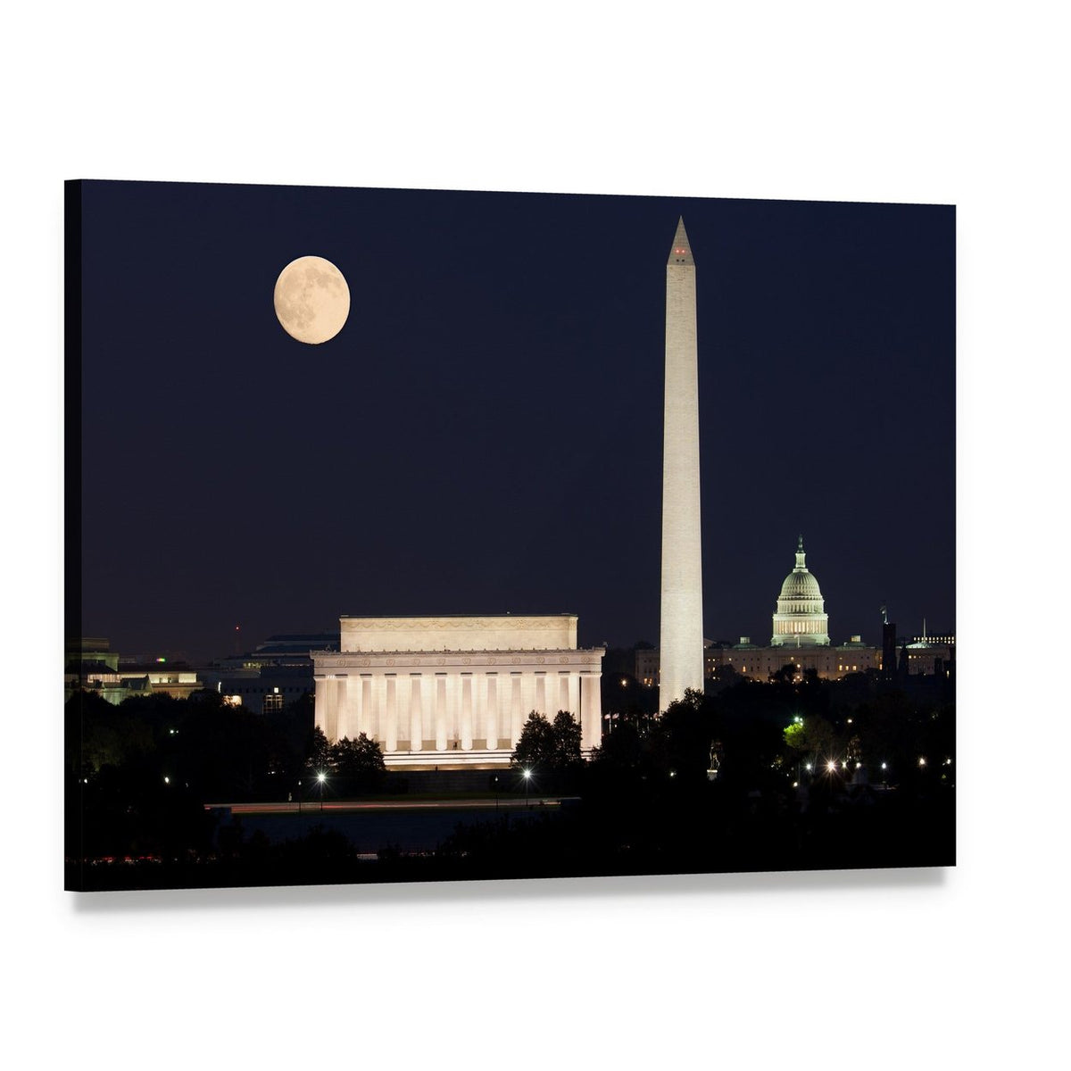 Full Moon Above Lincoln Memorial Canvas Wall Art, single panel gallery wrapped canvas, angled product view
