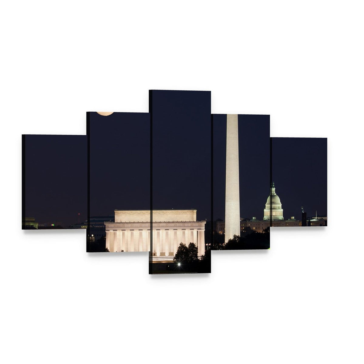 Full Moon Above Lincoln Memorial Canvas Wall Art, 5 panel 5 Star layout gallery wrapped canvas set, angled product view