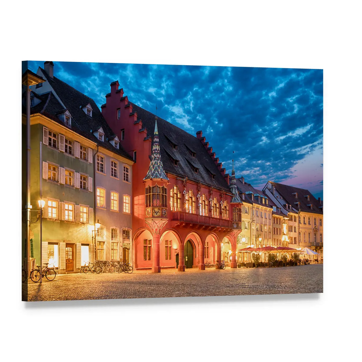 Historical Merchants Hall at Night Canvas Wall Art, single panel gallery wrapped canvas, angled product view