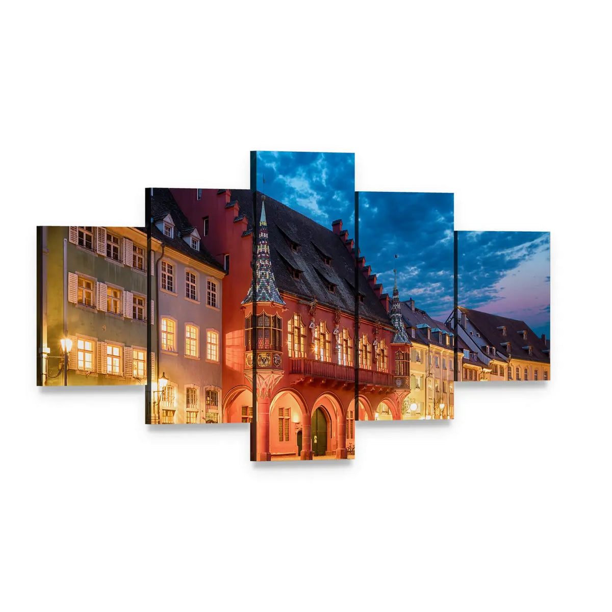 Historical Merchants Hall at Night Canvas Wall Art, 5 panel 5 Star layout gallery wrapped canvas set, angled product view