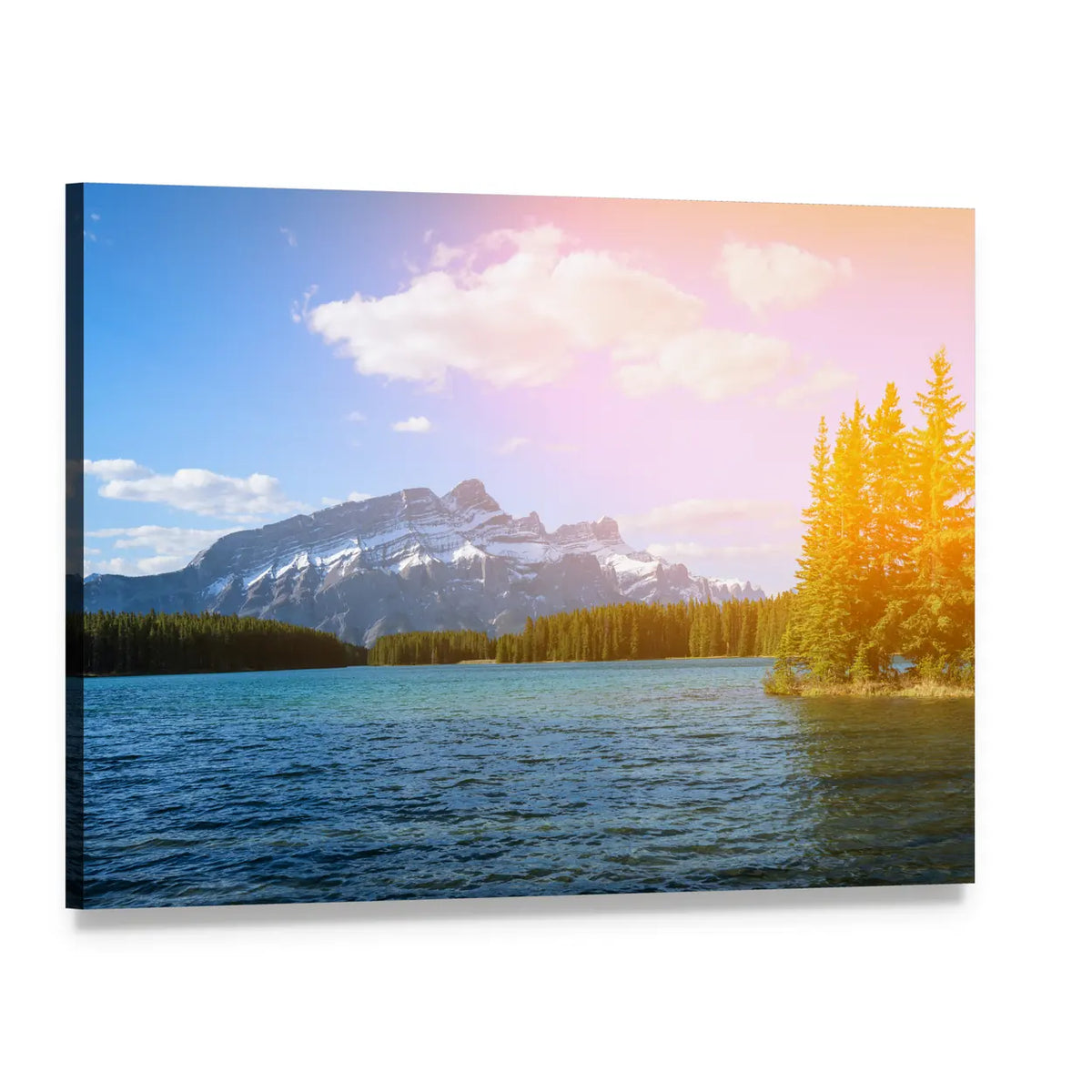 Bow River Valley Sunrise Canvas Wall Art, single panel gallery wrapped canvas, angled product view