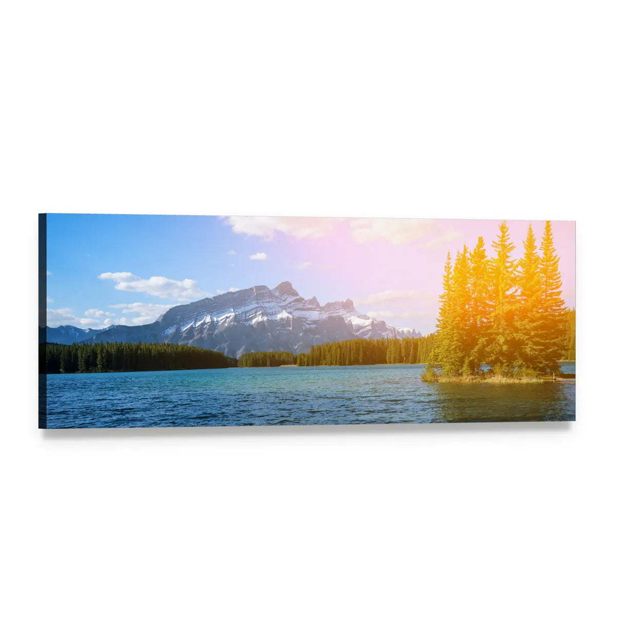 Bow River Valley Golden Lake View Panoramic Canvas Wall Art, single panel gallery wrapped canvas, angled product view