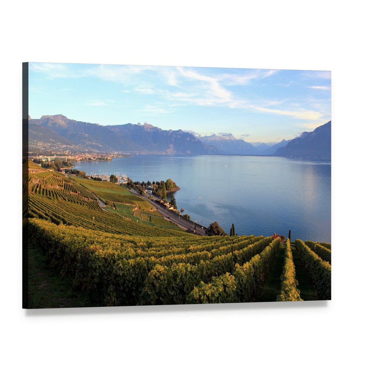 Mountains on Lake Geneva Canvas Wall Art, single panel gallery wrapped canvas, angled product view