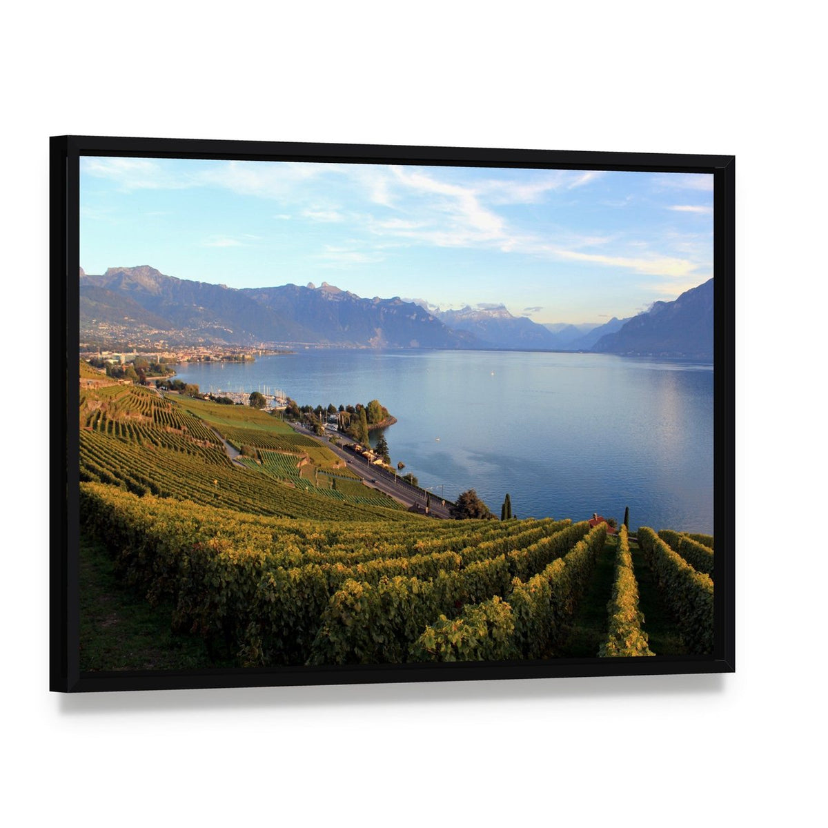 Mountains on Lake Geneva Canvas Wall Art, framed canvas in a black floater frame, angled product view