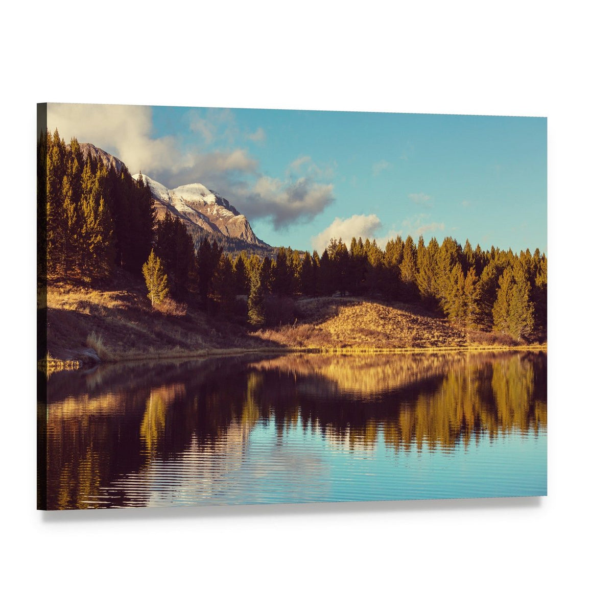 Mountain Lake Reflection in Autumn Canvas Wall Art, single panel gallery wrapped canvas, angled product view