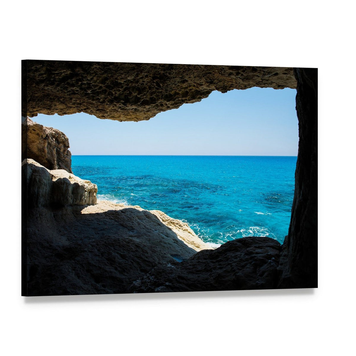 Serene Sea Caves with Ocean View Canvas Wall Art, single panel gallery wrapped canvas, angled product view