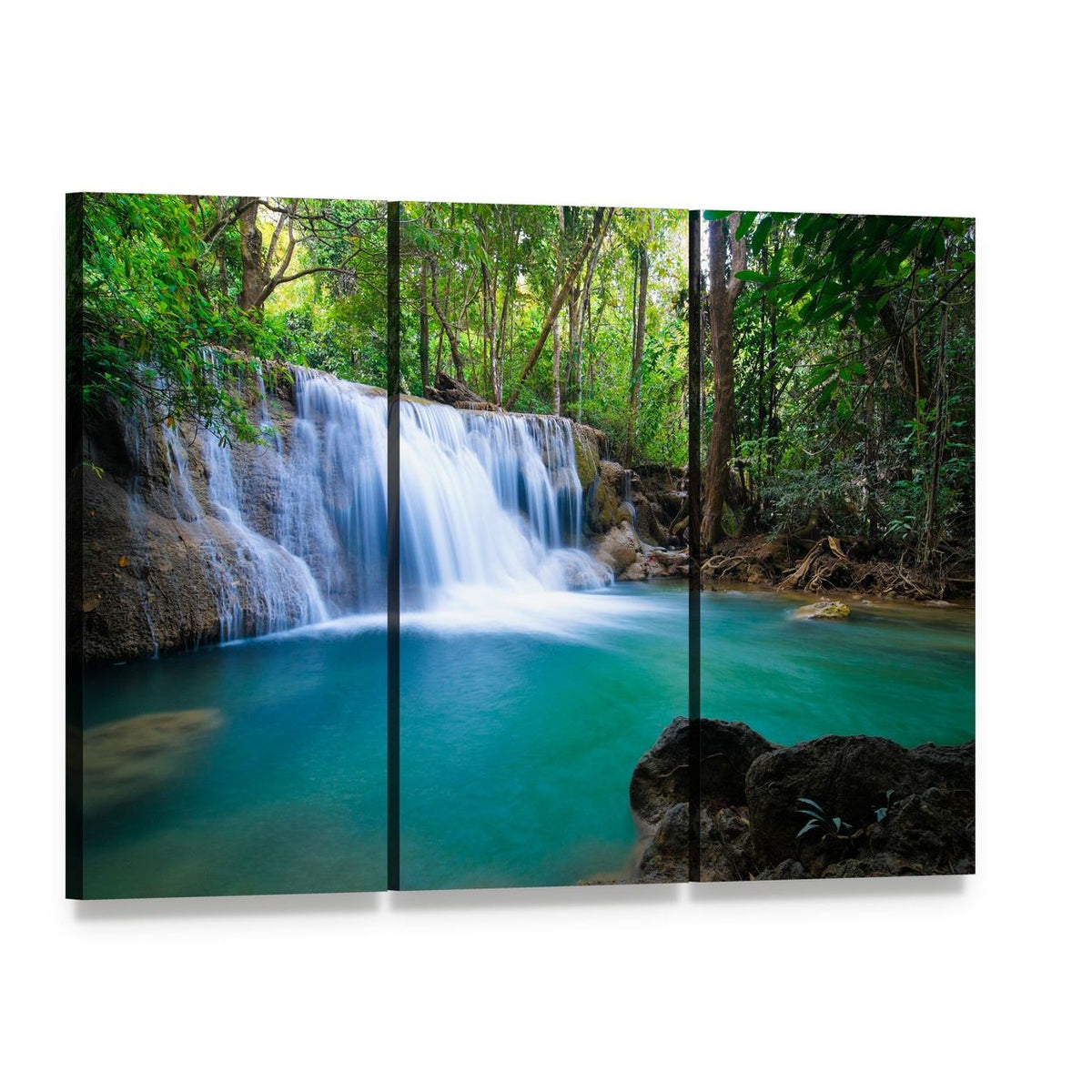 Waterfall in Kanchanaburi Canvas Wall Art, 3 panel 3 Horizontal layout gallery wrapped canvas set, angled product view
