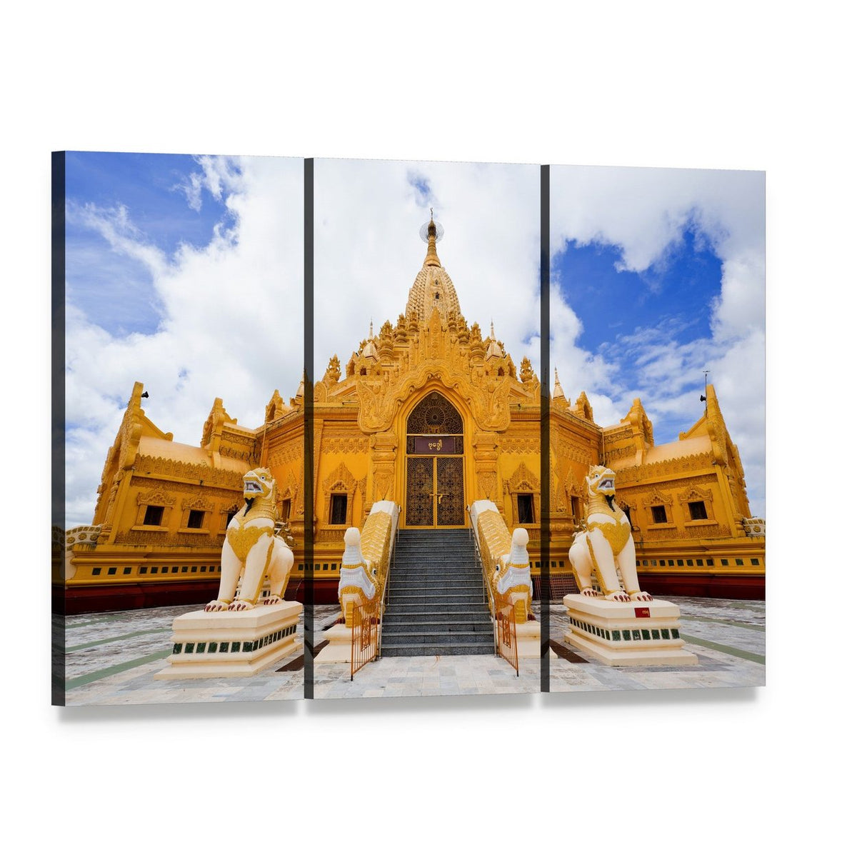 Swe Taw Myat Temple in Gold and White Canvas Wall Art, 3 panel 3 Horizontal layout gallery wrapped canvas set, angled product view