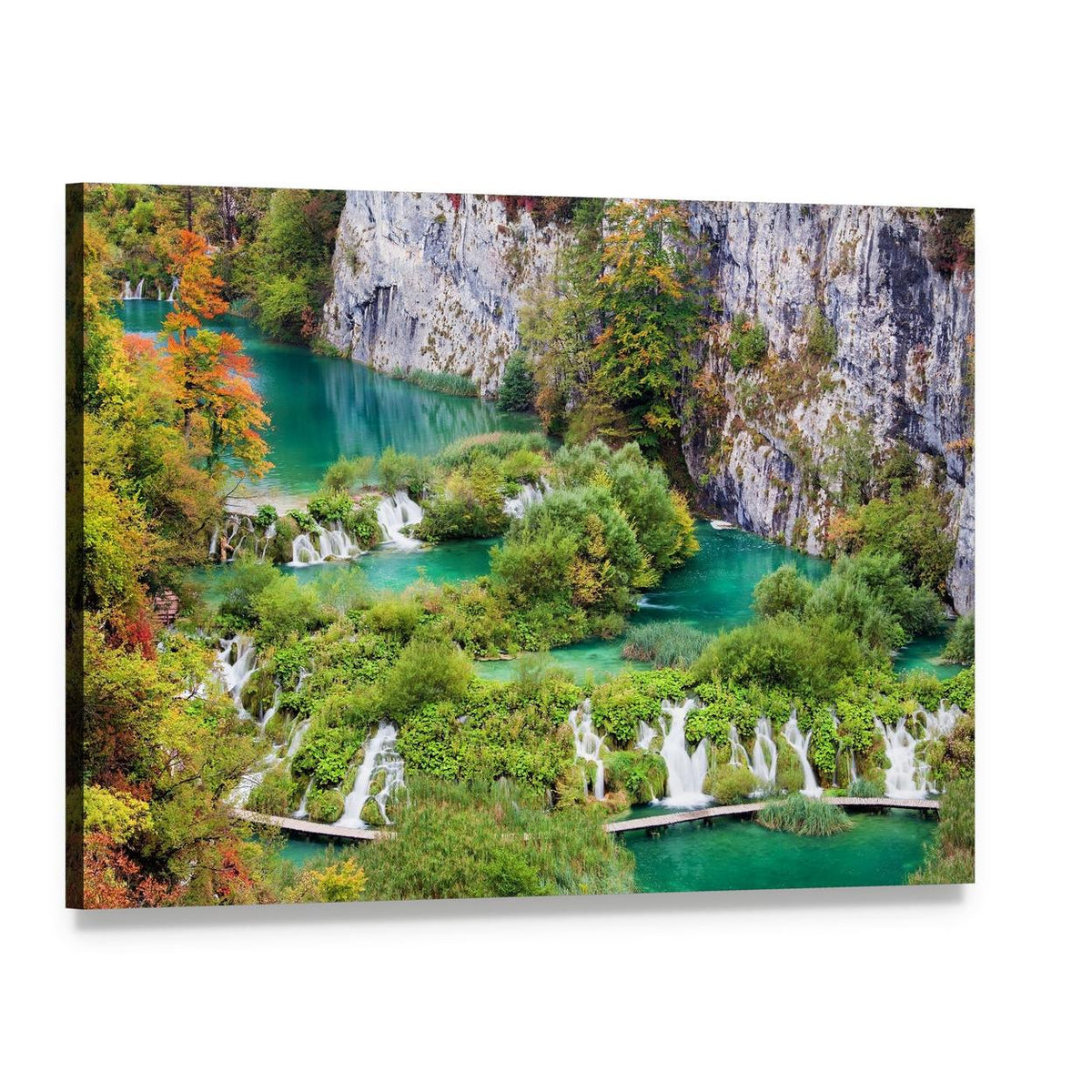 Cascading Waterfalls in Lush Landscape Canvas Wall Art, single panel gallery wrapped canvas, angled product view